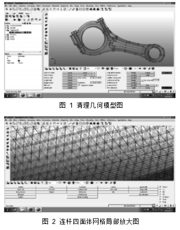 图 1 清理几何模型图 图 2 连杆四面体网格局部放大图
